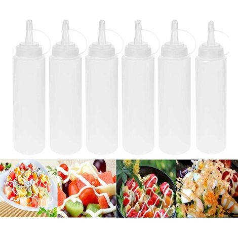 Lot de 6 bouteilles en plastique Squeeze Sauce à condiments Distributeur avec ensemble de Cap, pour maison Restaurant Ketchup, Moutarde, Mayo, huile d'olive, barbecue, sans BPA, 230 ml, Blanc.
