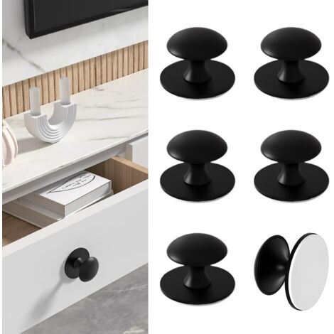 Lot de 6 boutons autocollants pour armoire - Noir - Boutons d'armoire autocollants en acier inoxydable - Bouton à coller pour tiroirs, porte de douche, armoire miroir, porte en verre, poignée