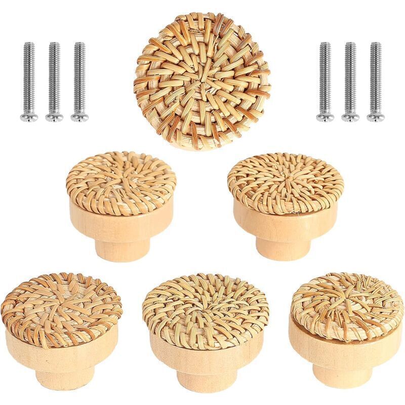 Lot de 6 boutons de meuble en rotin Boutons de Tiroir, de Porte Style bohème Poignée Tiroir en Bois Ronds Pour Commode Armoire Placards de Cuisine