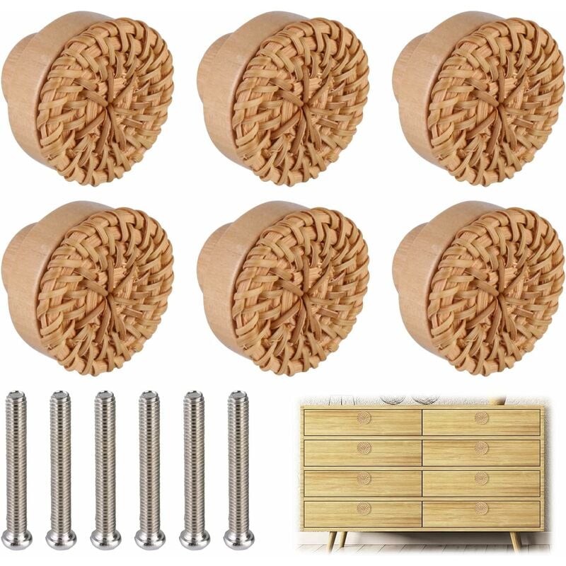 Lot de 6 boutons de meuble en rotin Boutons de Tiroir Style bohème Poignée Tiroir en Bois Ronds Boutons de Porte Boutons de Porte Bois Pour Commode