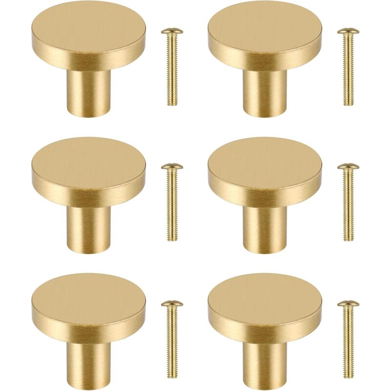 Lot de 6 boutons de placard ronds en laiton massif, pour tiroir, armoire, porte d'armoire dorée, avec 6 vis.