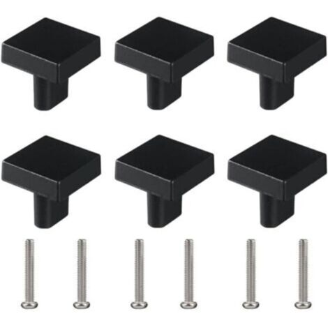 Lot de 6 boutons de tiroir carrés pour meubles - Trou unique - Petite poignée moderne - Noir - Avec vis assorties