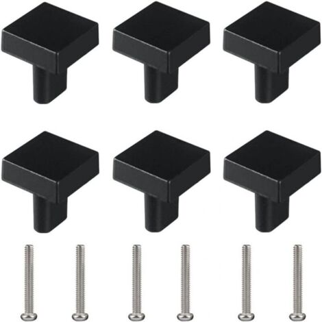 Lot de 6 boutons de tiroir carrés pour meubles - Trou unique - Petite poignée moderne - Noir - Avec vis assorties