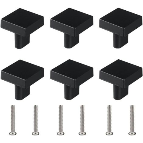 Lot de 6 boutons de tiroir carrés pour meubles - Trou unique - Petite poignée moderne - Noir - Avec vis assorties