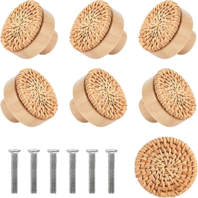 Lot de 6 boutons de tiroir de style bohème, poignées de meubles en bois et rotin faites à la main pour armoires, commodes et placards