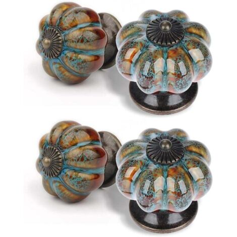 Lot de 6 Boutons de Tiroir Forme Citrouille Poignées Meuble en Céramique Antiques pour Placard Armoire Commode - Léopard Bleu