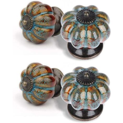 Lot de 6 Boutons de Tiroir Forme Citrouille Poignées Meuble en Céramique Antiques pour Placard Armoire Commode - Léopard Bleu