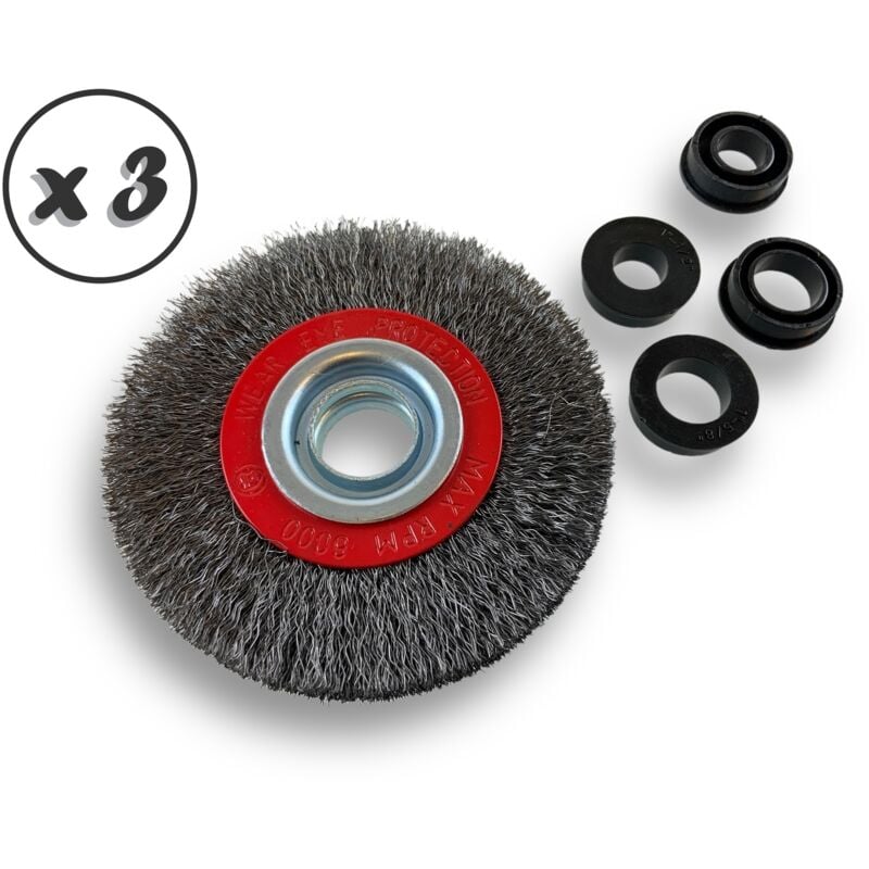 Lot de 3 brosses circulaires acier ø 100 mm Epaisseur 2 rangs Fil souple 0.20 mm ondulé Alésage 16 mm Touret meuleuse affûteuse ponceuse Brossage