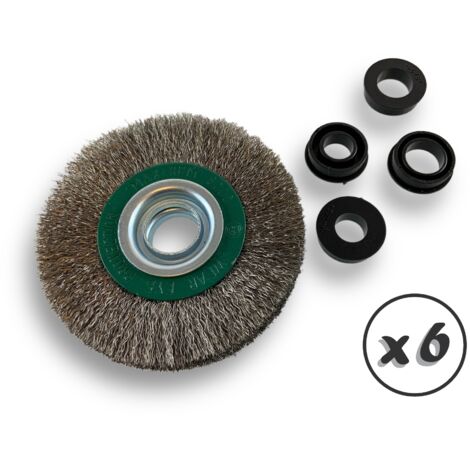 Lot de 6 brosses circulaires INOX Ø 125 mm Epaisseur 2 rangs Fil souple 0.20 mm ondulé Alésage 16 mm Touret meuleuse affûteuse ponceuse Brossage décapage polissage Kibros 234127IVx6