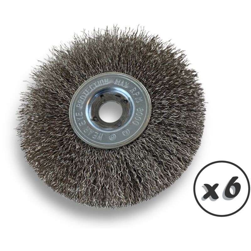 Lot de 6 brosses circulaires inox ø 125 mm Epaisseur 1 rang Fil dur 0.30 mm ondulé Alésage 16 mm Touret meuleuse affûteuse ponceuse Brossage décapage