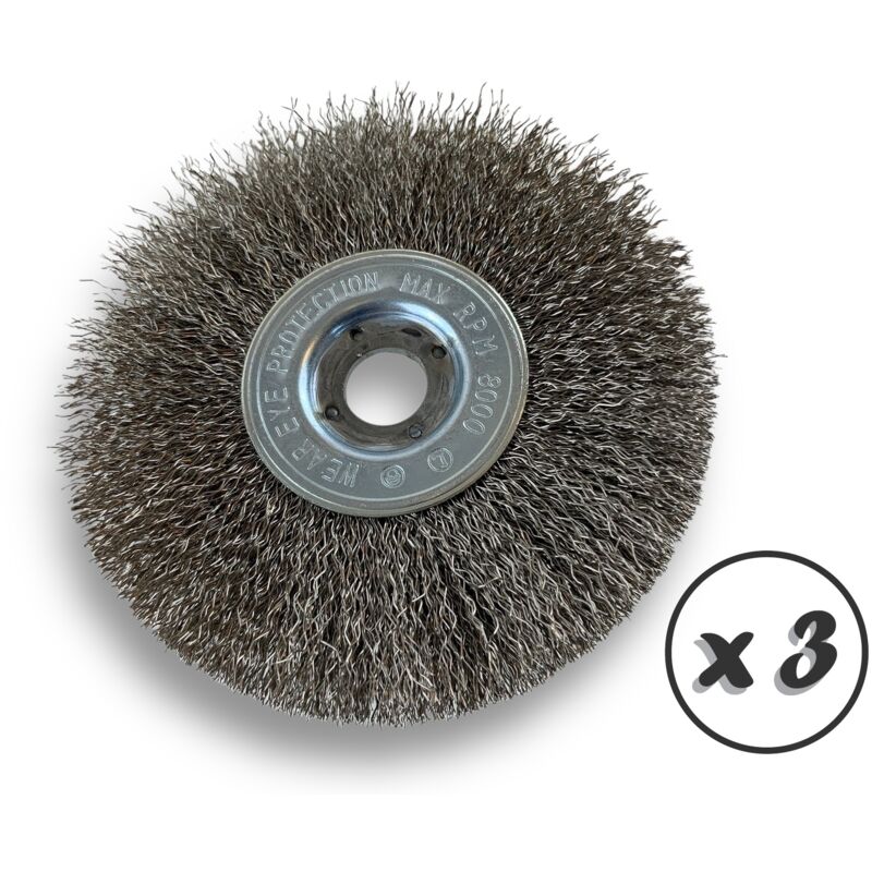 Lot de 3 brosses circulaires inox ø 125 mm Epaisseur 1 rang Fil dur 0.30 mm ondulé Alésage 16 mm Touret meuleuse affûteuse ponceuse Brossage décapage