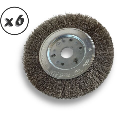 Lot de 6 brosses circulaires INOX  Ø 150 mm  Epaisseur 1 rang  Fil souple 0.20 mm ondulé  Alésage 20 mm + réducteur bague 16/12 mm  Touret meuleuse affûteuse ponceuse  Kibros 215151IVx6