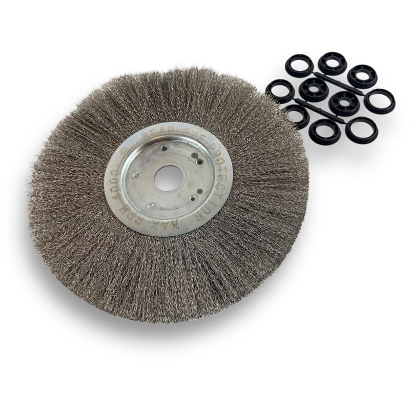 Brosse circulaire INOX Ø 300 mm Epaisseur 1 rang Fil dur 0.30 mm ondulé Alésage 32 mm + réducteur bague 25/22/20/16/12 mm Touret meuleuse affûteuse
