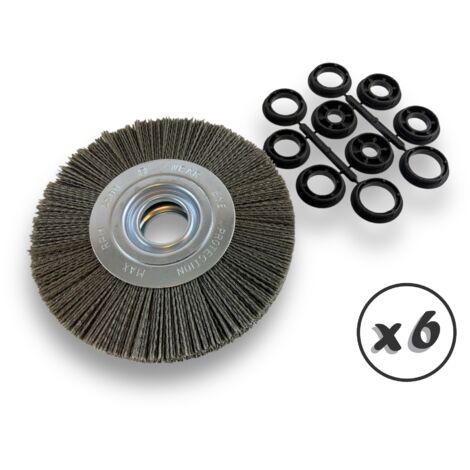Lot de 6 brosses circulaires NYLON Abrasif  Ø 175 mm  Epaisseur 2 rangs  Carbure de silicium Grain 80  Alésage 32 mm + réducteur bague 25/22/20/16/12 mm  Touret ponceuse  Kibros 235177KR80x6