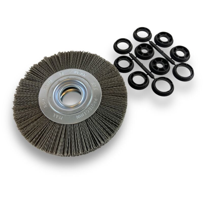 Brosse circulaire nylon Abrasif ø 175 mm Epaisseur 2 rangs Carbure de silicium Grain 80 Alésage 32 mm + réducteur bague 25/22/20/16/12 mm Touret