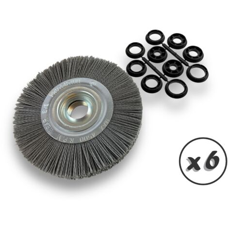 Lot de 6 brosses circulaires NYLON Abrasif  Ø 200 mm  Epaisseur 2 rangs  Carbure de silicium Grain 120  Alésage 32 mm + réducteur bague 25/22/20/16/12 mm  Touret ponceuse  Kibros 238202KR120x6