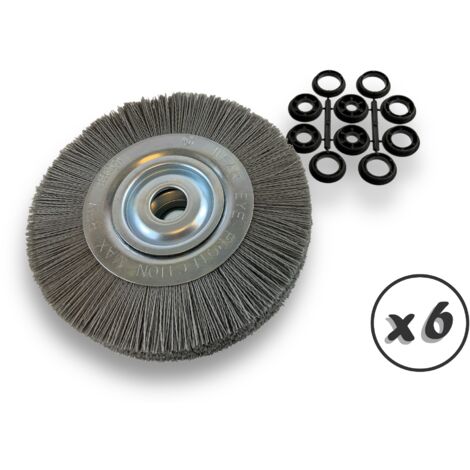 Lot de 6 brosses circulaires NYLON Abrasif  Ø 250 mm  Epaisseur 3 rangs  Carbure de silicium Grain 120  Alésage 32 mm + réducteur bague 25/22/20/16/12 mm  Touret ponceuse  Kibros 231253KR120x6