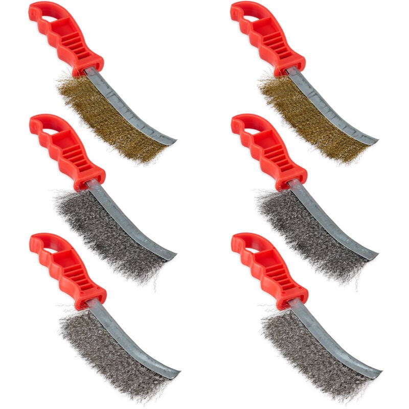 Lot de 6 brosses métalliques, 2 de chaque : acier, acier inoxydable & laiton, avec poignée, coloré - Relaxdays