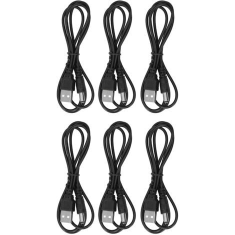 Lot de 6 câbles d'alimentation USB mâle A vers connecteur DC 5.5x2.1mm, 5V, noir