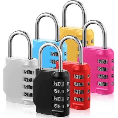 Lot de 6 cadenas à combinaison 4 chiffres - Avec code numérique - Pour clé extérieure - Avec manille durcie - Pour école de sa[368]