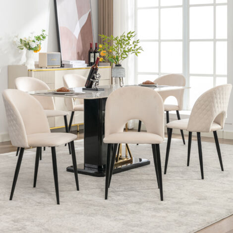 Lot de 6 chaise de salle à manger avec pieds en métal, en velours, beige