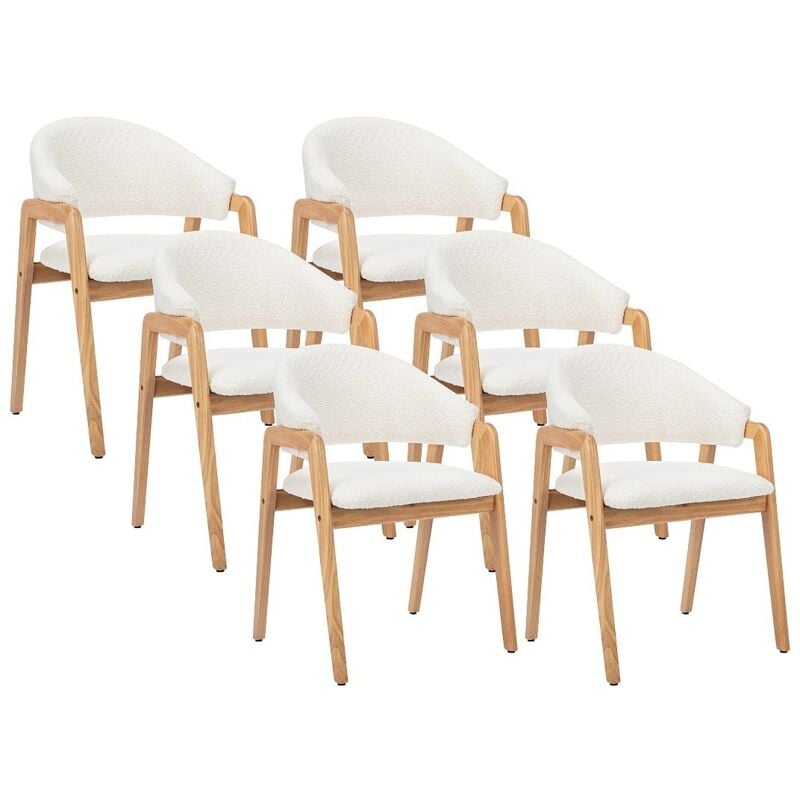 Vente-unique - Lot de 6 chaises avec accoudoirs en tissu bouclette et bois d'hévéa - Blanc et naturel - soluna