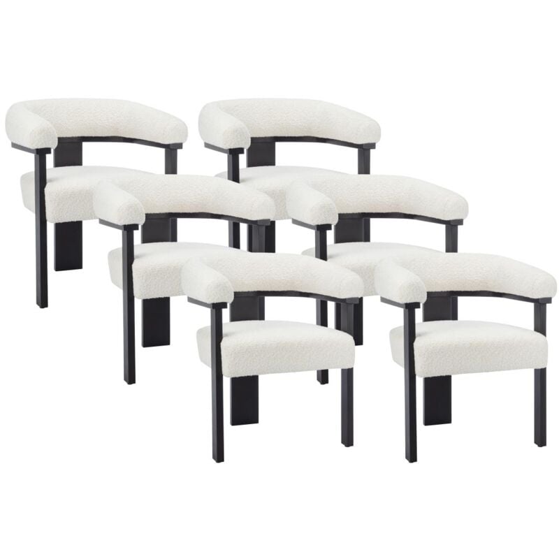 Lot de 6 chaises avec accoudoirs en tissu bouclette et bois d'hévéa noir - Blanc - livelia de Pascal Morabito