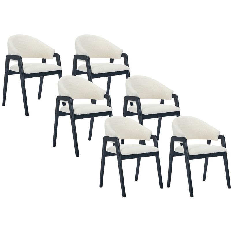 Vente-unique - Lot de 6 chaises avec accoudoirs en tissu bouclette et bois d'hévéa - Blanc et Noir - soluna