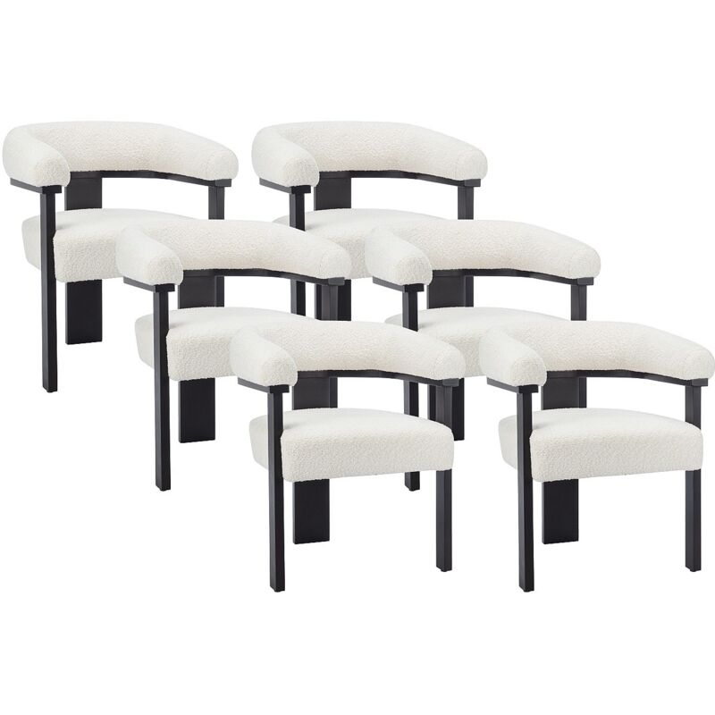 Pascal Morabito - Lot de 6 chaises avec accoudoirs en tissu bouclette et bois d'hévéa noir - Blanc - livelia de