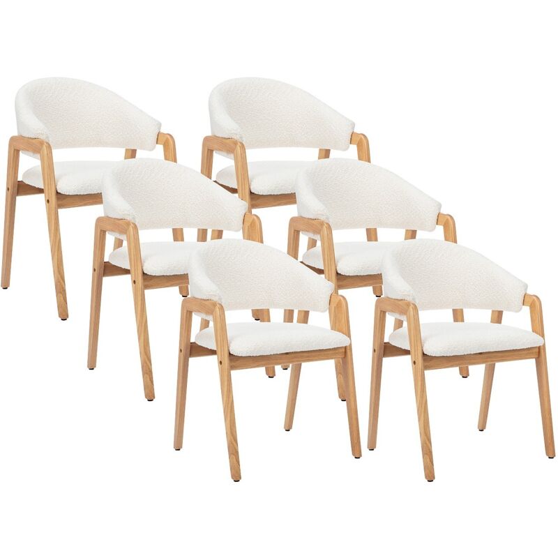 Vente-unique - Lot de 6 chaises avec accoudoirs en tissu bouclette et bois d'hévéa - Blanc et naturel - soluna