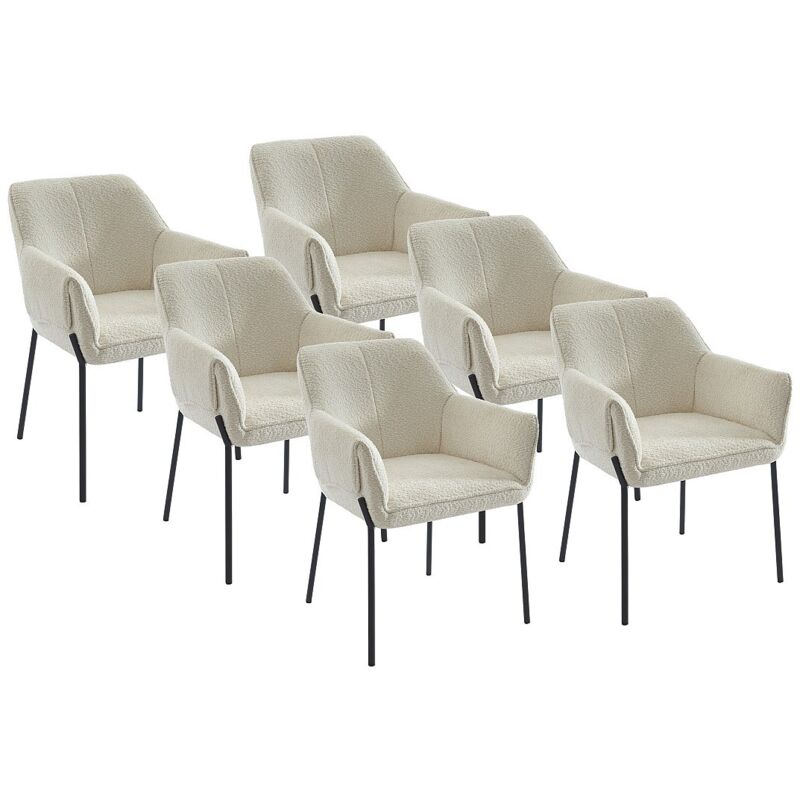 Lot de 6 chaises avec accoudoirs en tissu bouclette et métal noir - Crème - aketi de Pascal Morabito