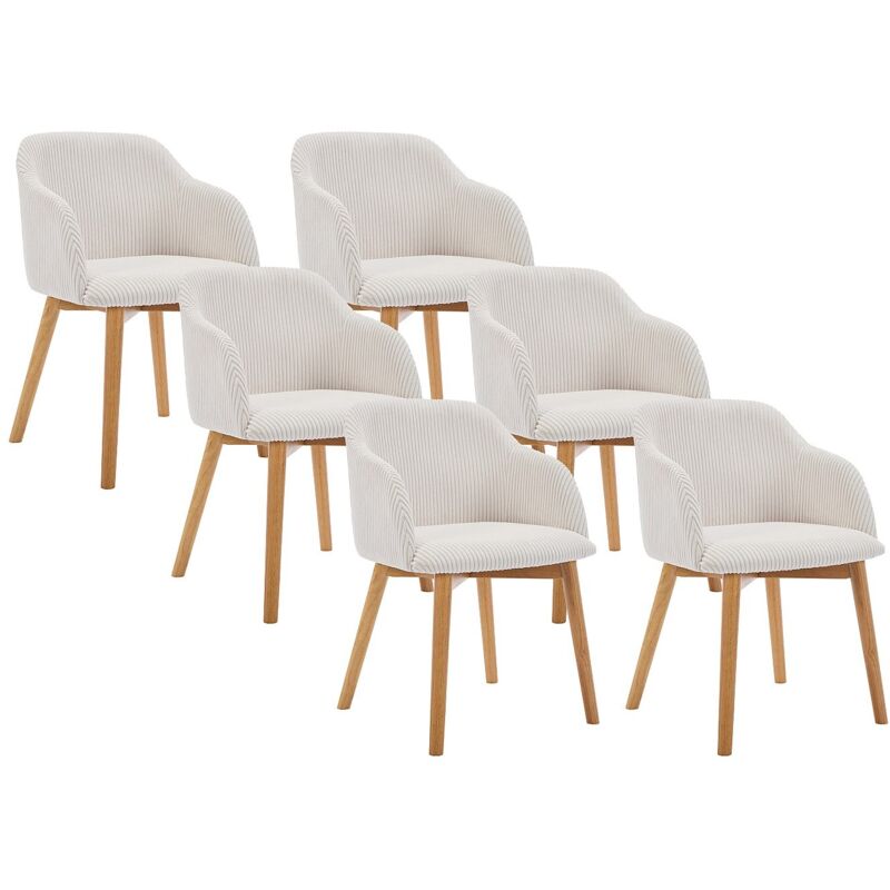Vente-unique - Lot de 6 chaises avec accoudoirs en velours côtelé et bois d'hévéa - Crème - jelisa