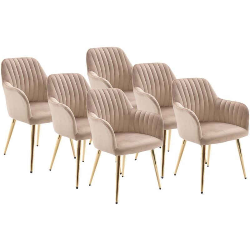 Vente-unique - Lot de 6 chaises avec accoudoirs en velours et métal doré - Beige - eleana