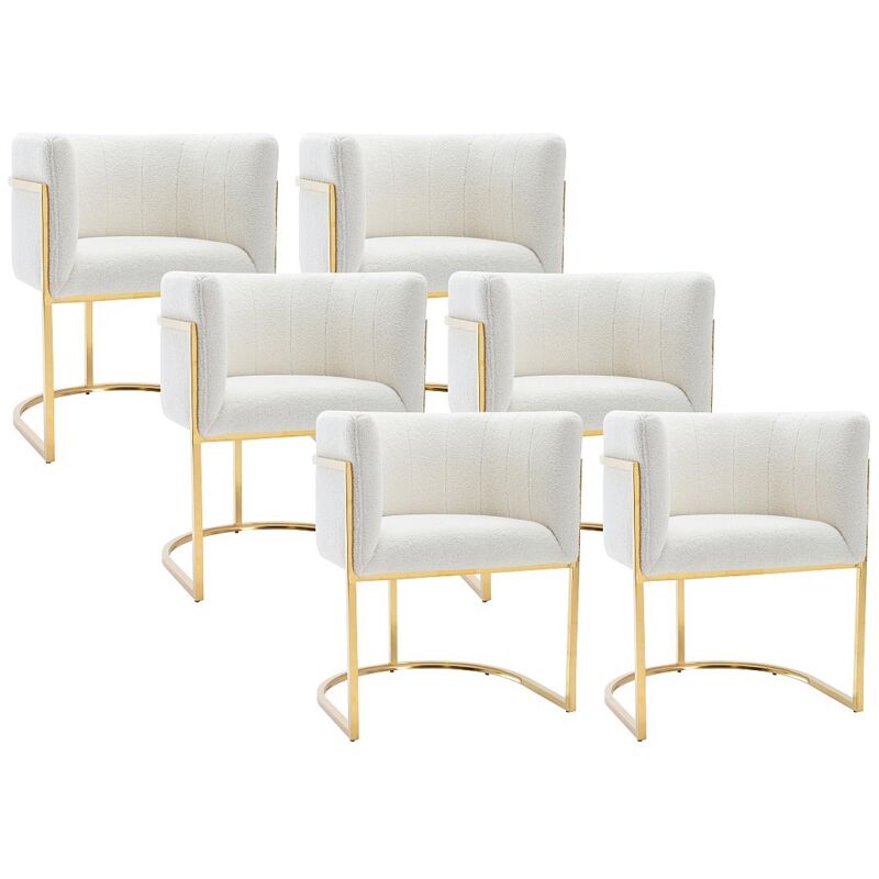 Lot de 6 chaises avec accoudoirs - Tissu bouclette et acier inoxydable - Blanc et doré - peria de Pascal Morabito