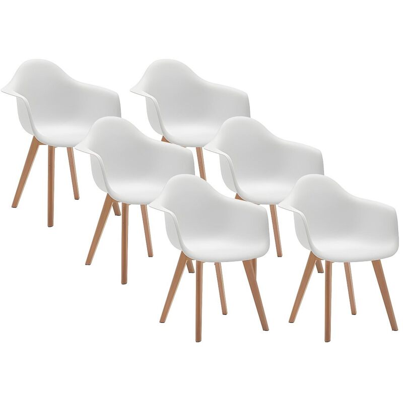 Vente-unique - Lot de 6 chaises avec accoudoirs vixi - Polypropylène et Hêtre - Blanc