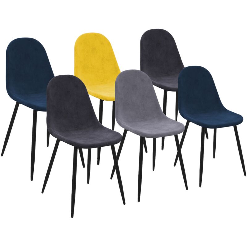 Lot de 6 chaises dali en velours mix color bleu, gris foncé, gris clair et jaune