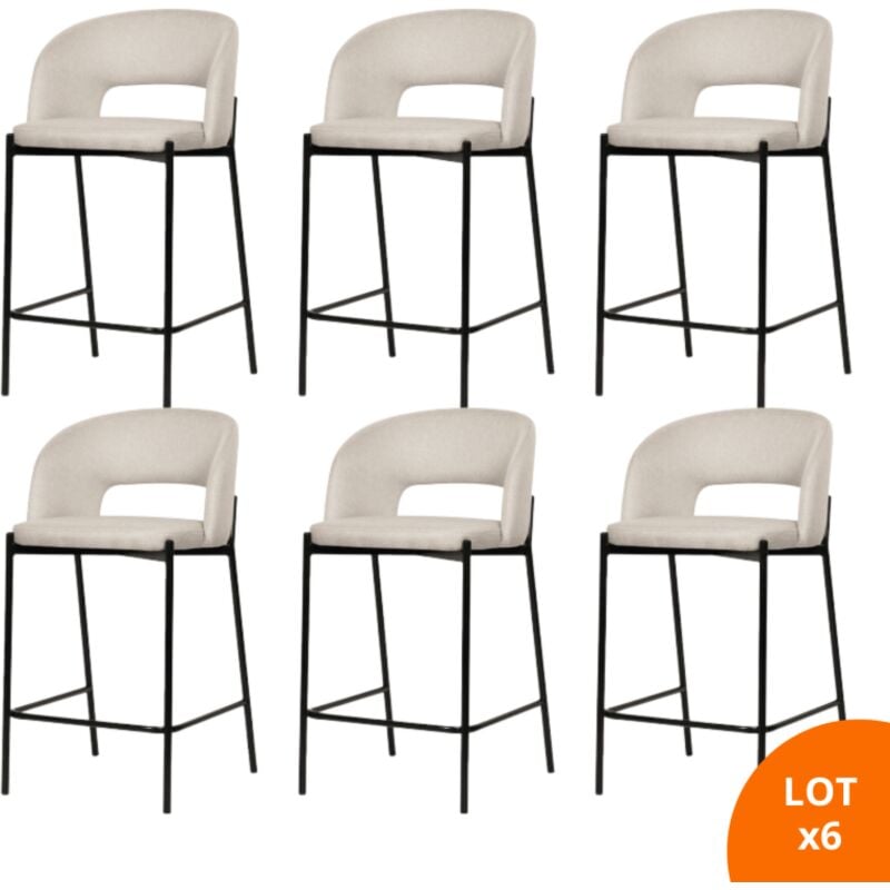 Secury-t - Lot de 6 chaises de bar, tabourets tissus beige - pieds en métal noir - kristen