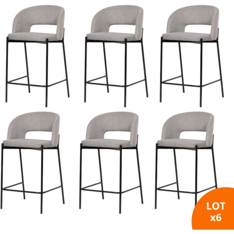 Secury-t - Lot de 6 chaises de bar, tabourets tissus gris - pieds en métal noir - kristen