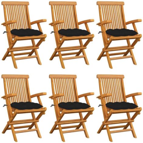 Lot de 6 Chaises de jardin avec coussins noir - Chaise d'extérieur pour terrasse/jardin Bois de teck massif BV228822 - BonneVie
