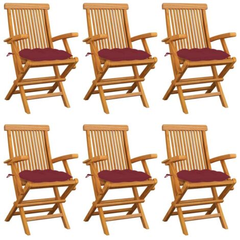 Lot de 6 Chaises de jardin avec coussins rouge bordeaux - Chaise d'extérieur pour terrasse/jardin Teck massif BV718196 - BonneVie