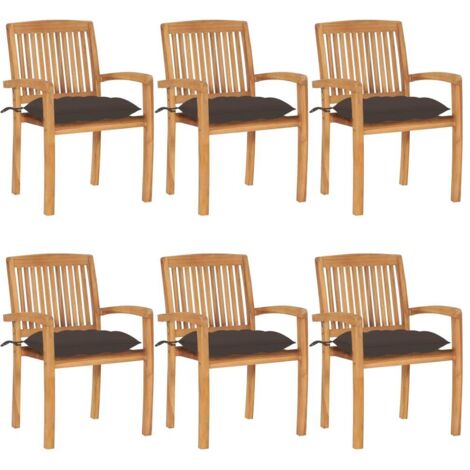 Lot de 6 Chaises de jardin empilables avec coussins - Chaises d'extérieur pour terrasse/jardin Teck solide BV296147 - BonneVie