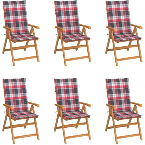 Lot de 6 Chaises de jardin  Fauteuils de Jardin avec coussins à carreaux rouge Teck 82081
