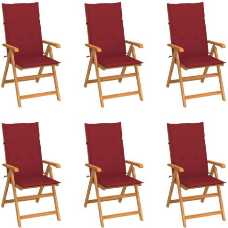 Lot de 6 Chaises de jardin  Fauteuils de Jardin avec coussins bordeaux Bois de teck 64206