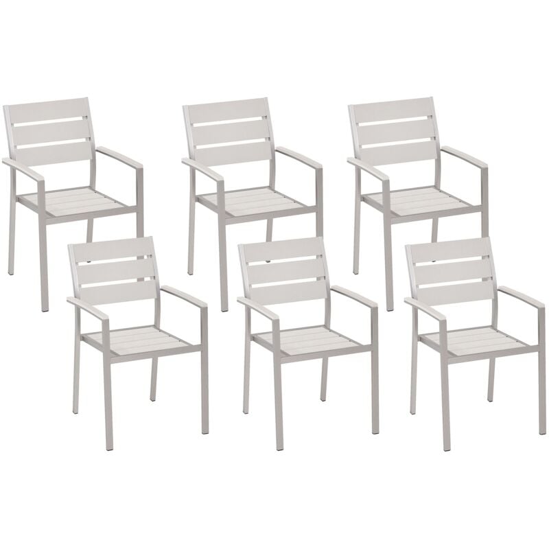 Lot de 6 Chaises de Jardin en Aluminium et Bois Synthétique Blanc et Argenté Vernio