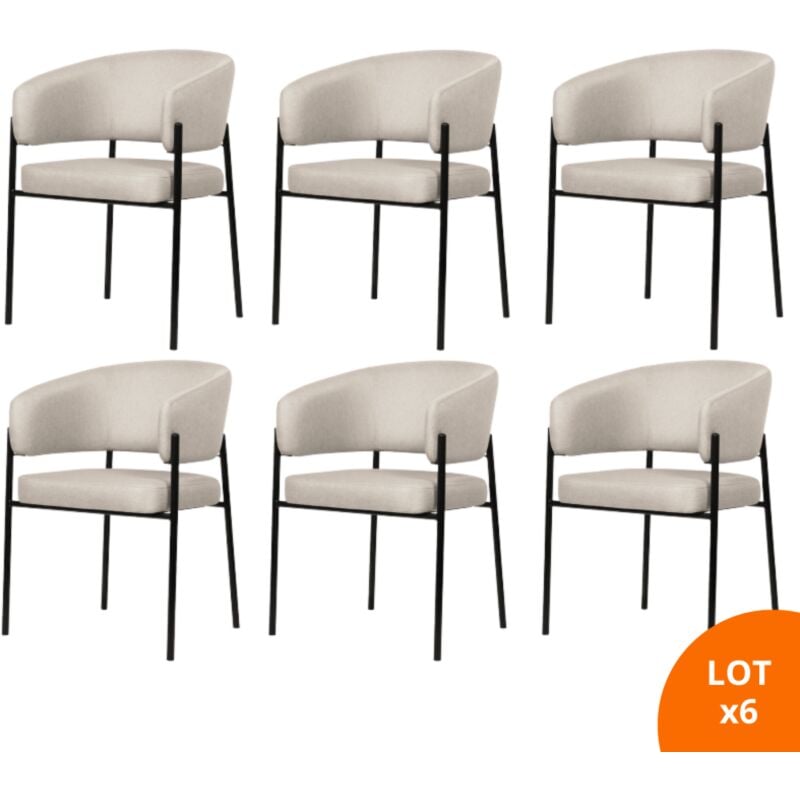Secury-t - Lot de 6 chaises de salle à manger avec accoudoirs - tissus beige - pieds en métal noir - lou