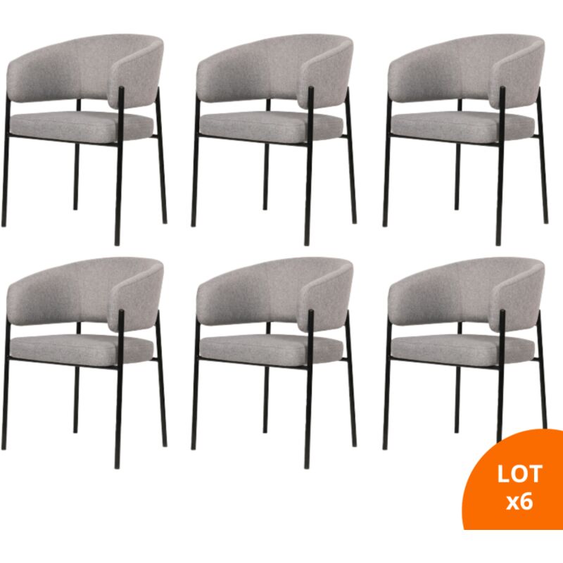 Secury-t - Lot de 6 chaises de salle à manger avec accoudoirs - tissus gris - pieds en métal noir - lou