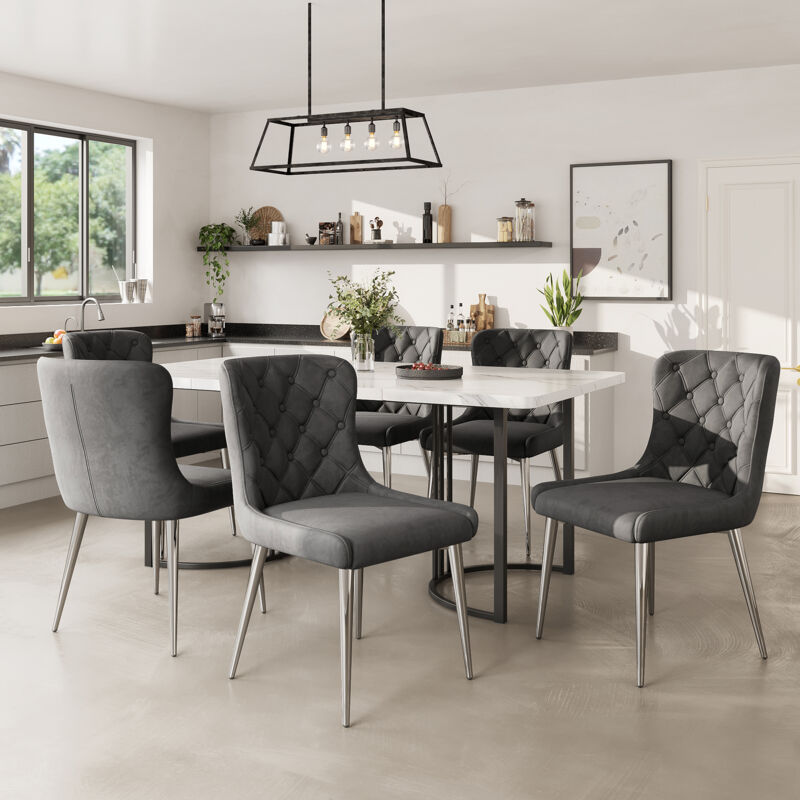 Lot de 6 chaises de salle à manger avec revêtement en velours, pieds de chaise en acier inoxydable, gris foncé