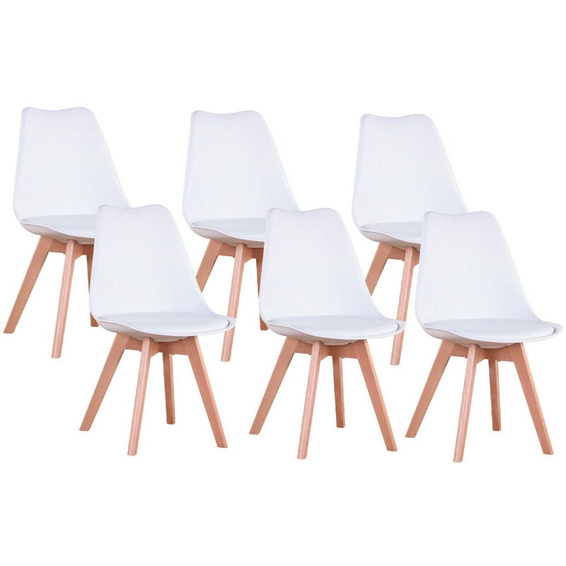 Lot de 6 chaises - chaise scandinave - coussin d'assise en cuir - blanc - Wokaka