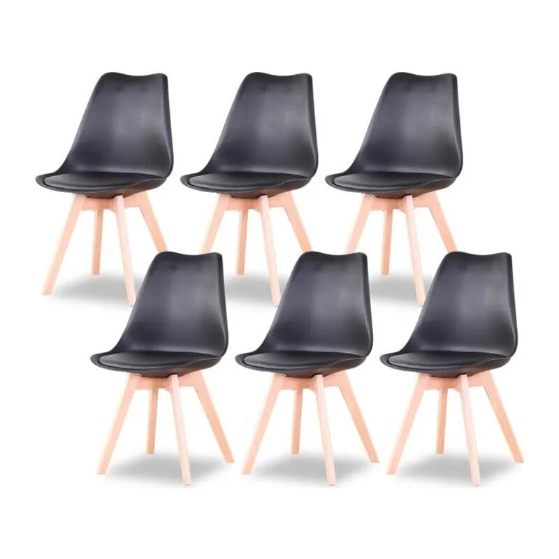 Wokaka Lot de 6 chaises de salle a manger - Coussin de siège en cuir-Scandinave(Noir)