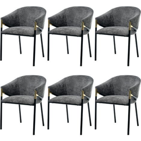 Lot de 6 chaises de salle à manger, en chenille, avec accoudoirs et pieds en métal doré, gris
